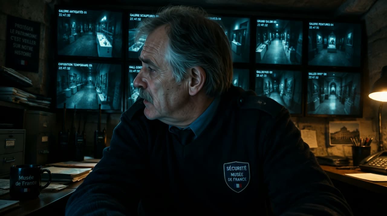 Marcel, the night guard, turns around at the security desk in front of the camera screens