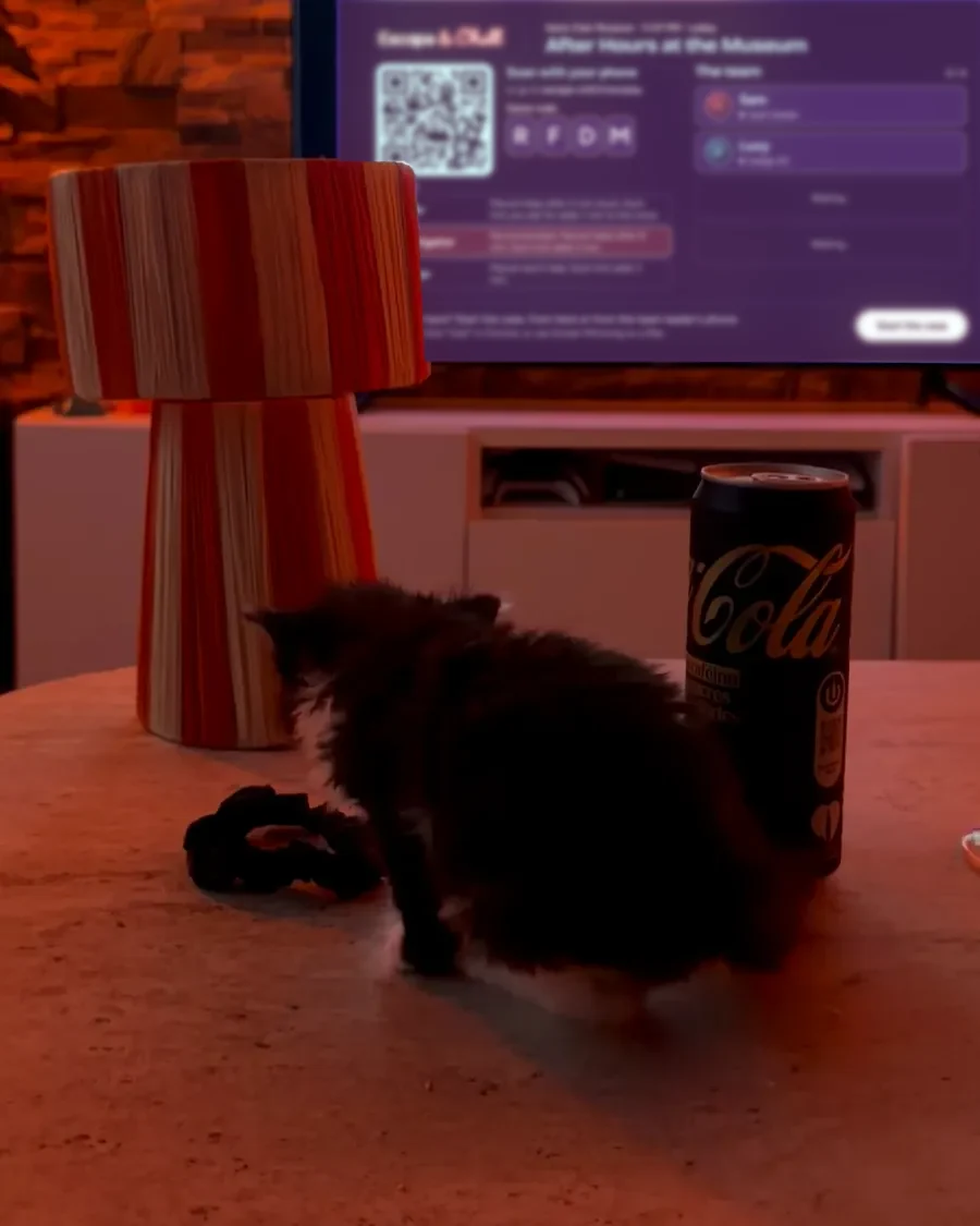 A kitten on the coffee table, in front of the TV showing the game