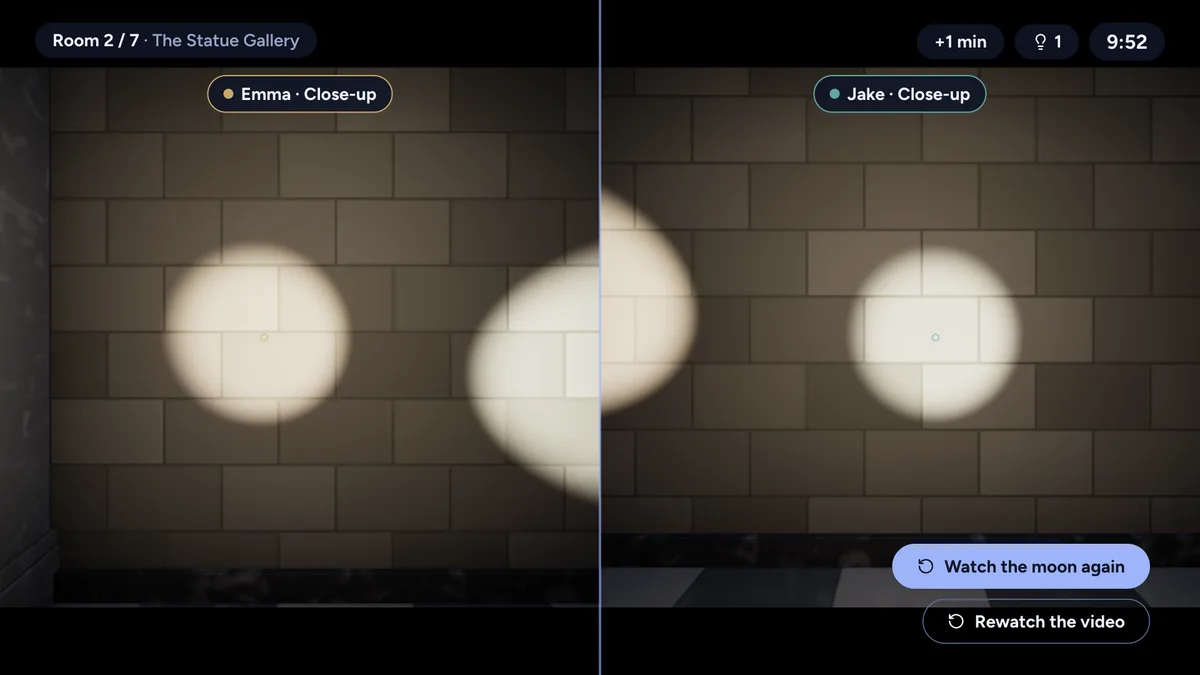 Split screen: two players each search a different part of the statue gallery