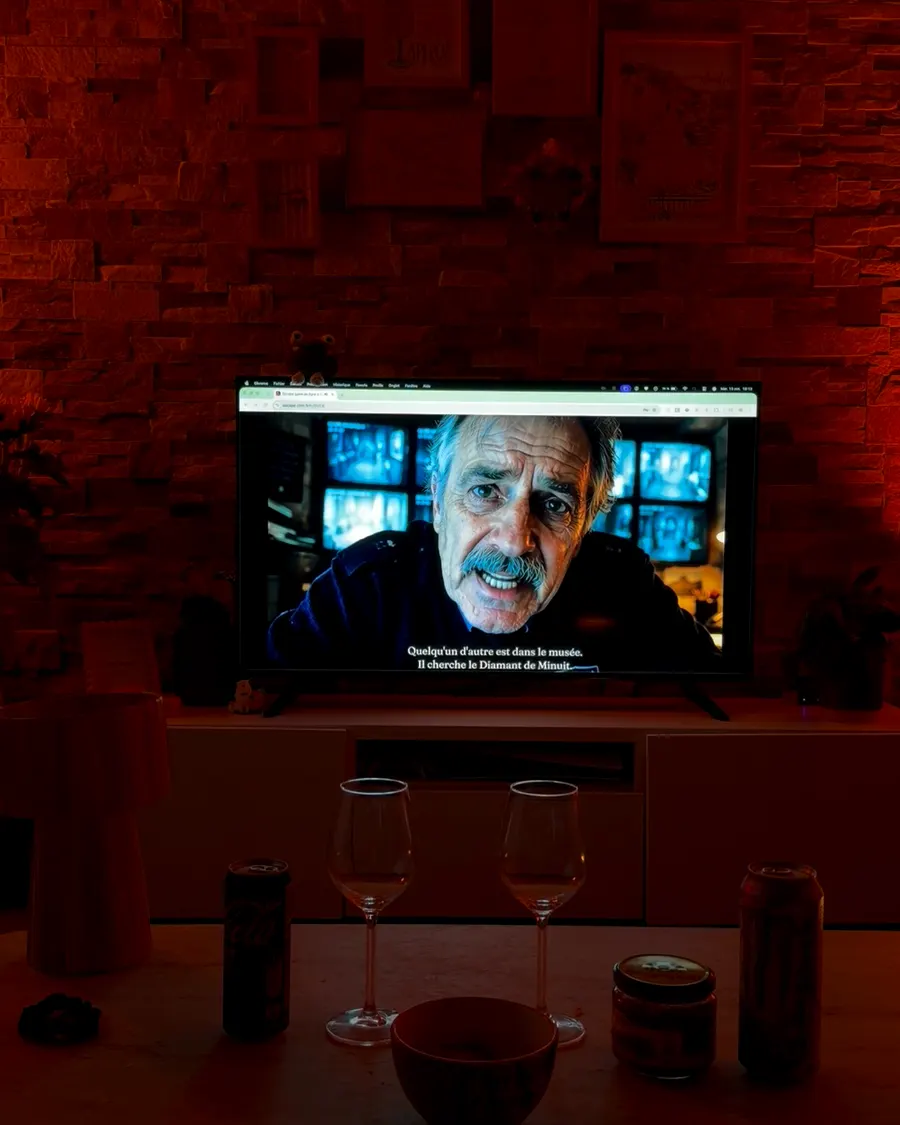 The living room TV shows the night guard of the museum delivering the opening video