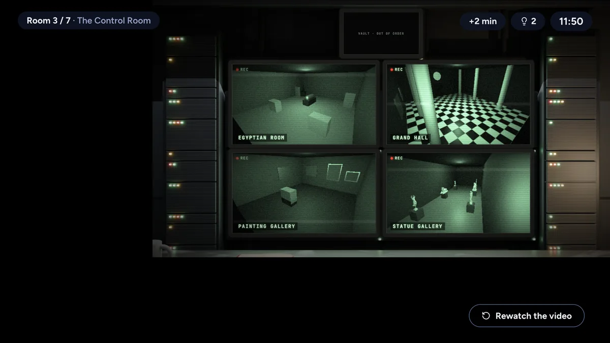 Wall of surveillance screens in a room of the game