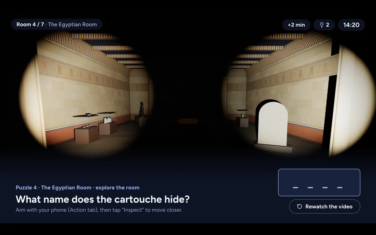 Egyptian Room lit by the flashlights of two colleagues playing remotely