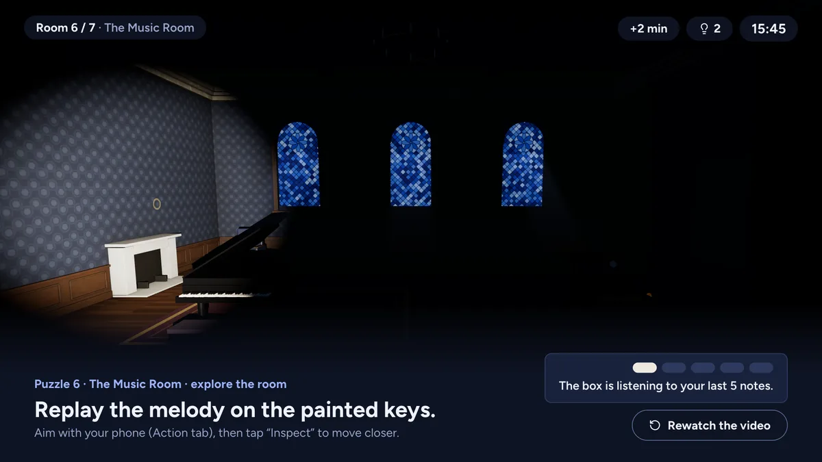 The Music Room of the game, with a piano and stained glass windows