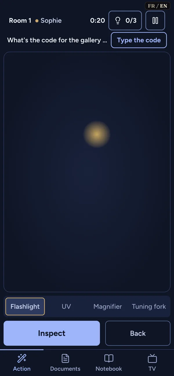 Phone screen: flashlight, tools and the Inspect button