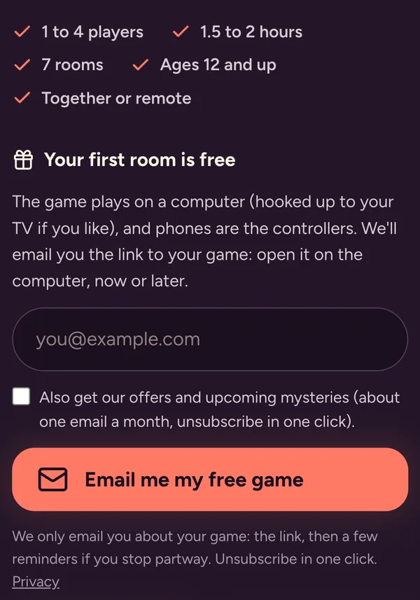 Phone screen of the website explaining how to show the game on the TV